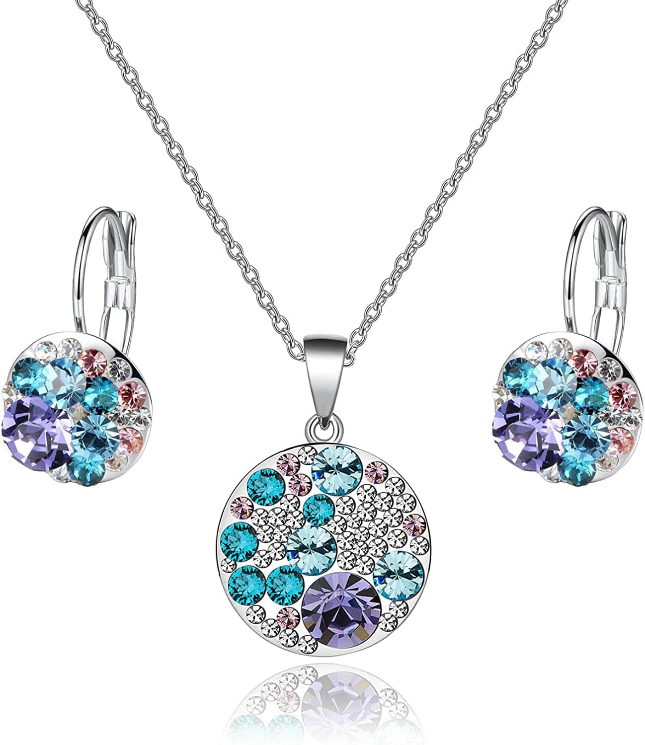 Austrian Crystals round Disc Pendant Necklace Earrings for Women 14K Gold Plated Hypoallergenic Jewelry Sets Purple Main Crystal/Silver-tone