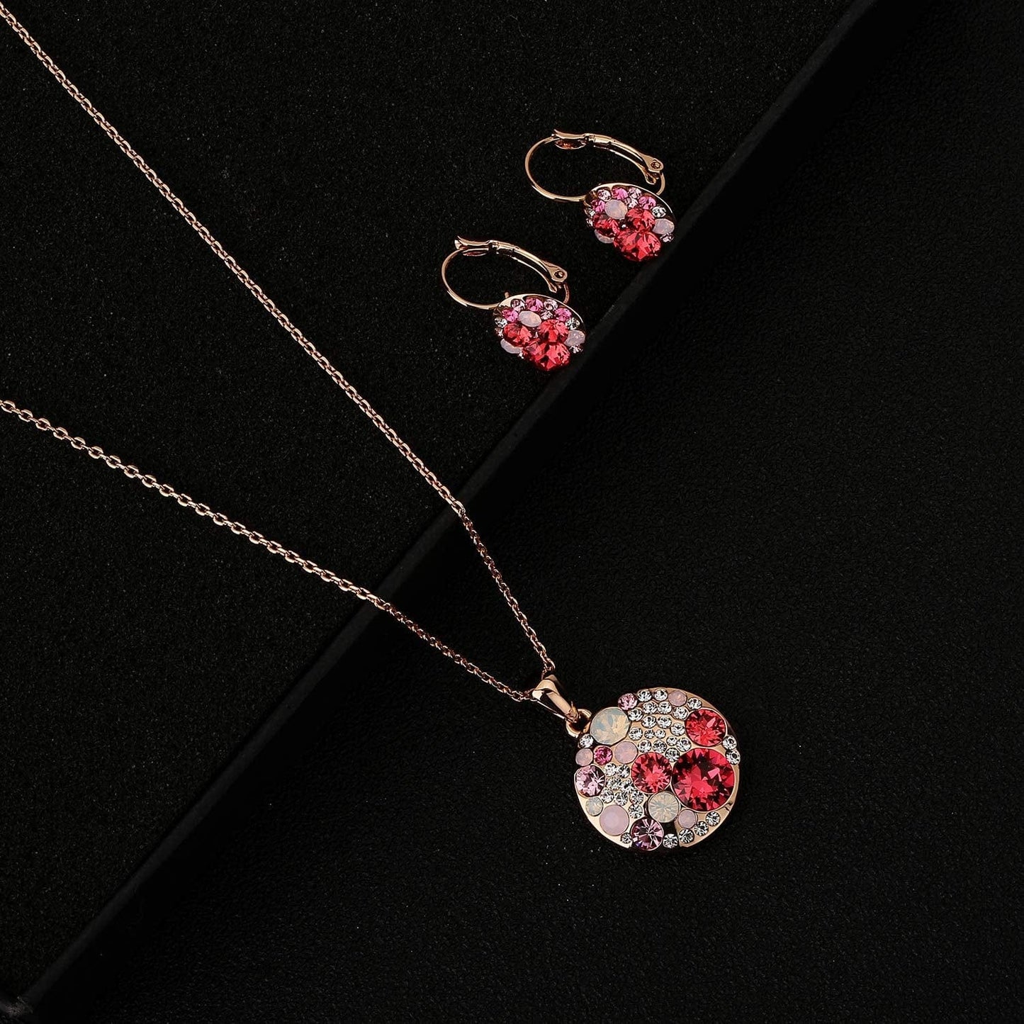 Austrian Crystals round Disc Pendant Necklace Earrings for Women 14K Gold Plated Hypoallergenic Jewelry Sets