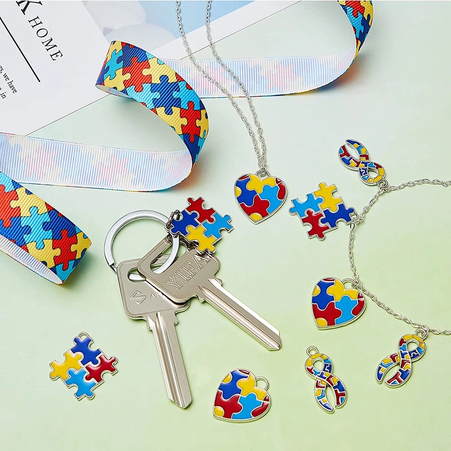 Autism Charms Pendants Ribbon Heart Square with Puzzle Shape Charms Enamel Autistic Awareness Pendants for DIY Jewelry Necklace Bracelet Keychain Crafts Decorations Making Supplies