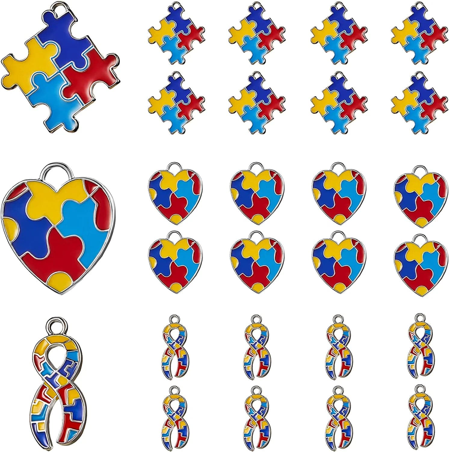 Autism Charms Pendants Ribbon Heart Square with Puzzle Shape Charms Enamel Autistic Awareness Pendants for DIY Jewelry Necklace Bracelet Keychain Crafts Decorations Making Supplies 24
