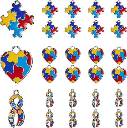 Autism Charms Pendants Ribbon Heart Square with Puzzle Shape Charms Enamel Autistic Awareness Pendants for DIY Jewelry Necklace Bracelet Keychain Crafts Decorations Making Supplies 24
