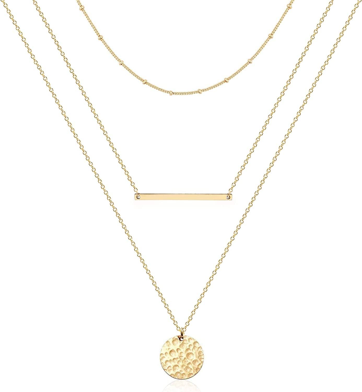 Ava Riley Layered Necklace Dainty Disc Chokers Necklace 14K Real Gold Plated Layering Necklaces Jewelry for Women 14K Gold plated / B 3 Piece Set - Beaded Chain+Bar+Hammered Disc