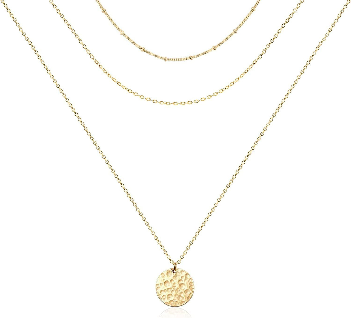 Ava Riley Layered Necklace Dainty Disc Chokers Necklace 14K Real Gold Plated Layering Necklaces Jewelry for Women 14K Gold plated / F 3 Piece Set - Beaded Chain+Chain+Hammered Disc