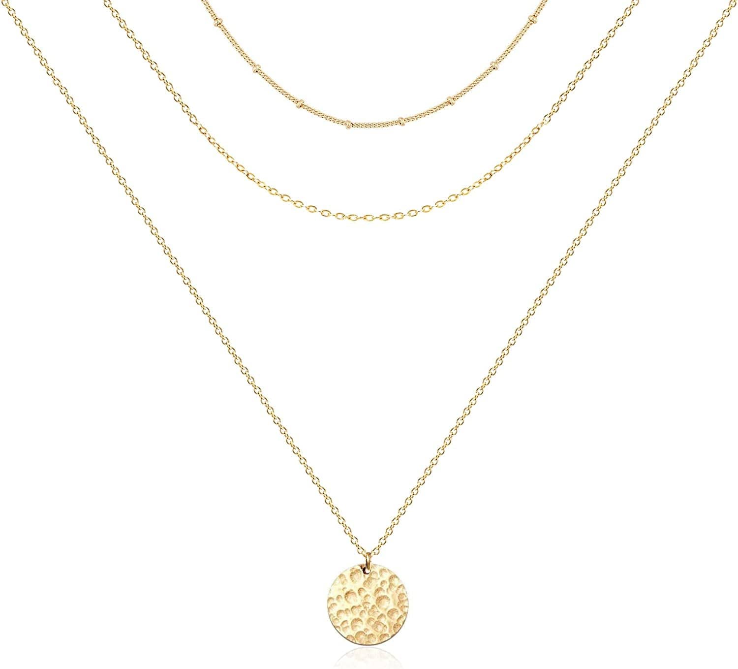 Ava Riley Layered Necklace Dainty Disc Chokers Necklace 14K Real Gold Plated Layering Necklaces Jewelry for Women 14K Gold plated / F 3 Piece Set - Beaded Chain+Chain+Hammered Disc