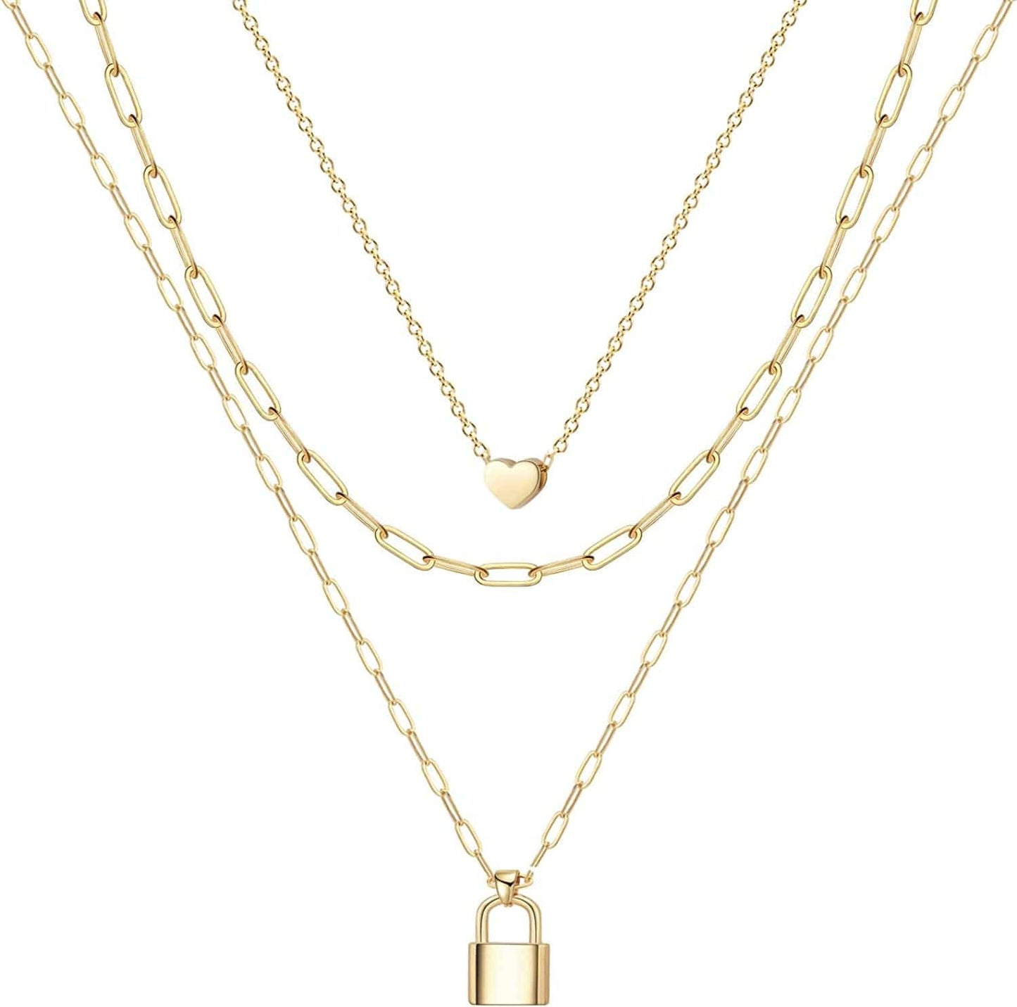 Ava Riley Layered Necklace Dainty Disc Chokers Necklace 14K Real Gold Plated Layering Necklaces Jewelry for Women 14K Gold plated / D 3 Piece Set - Paperclip Chain+Heart Choker+Lock