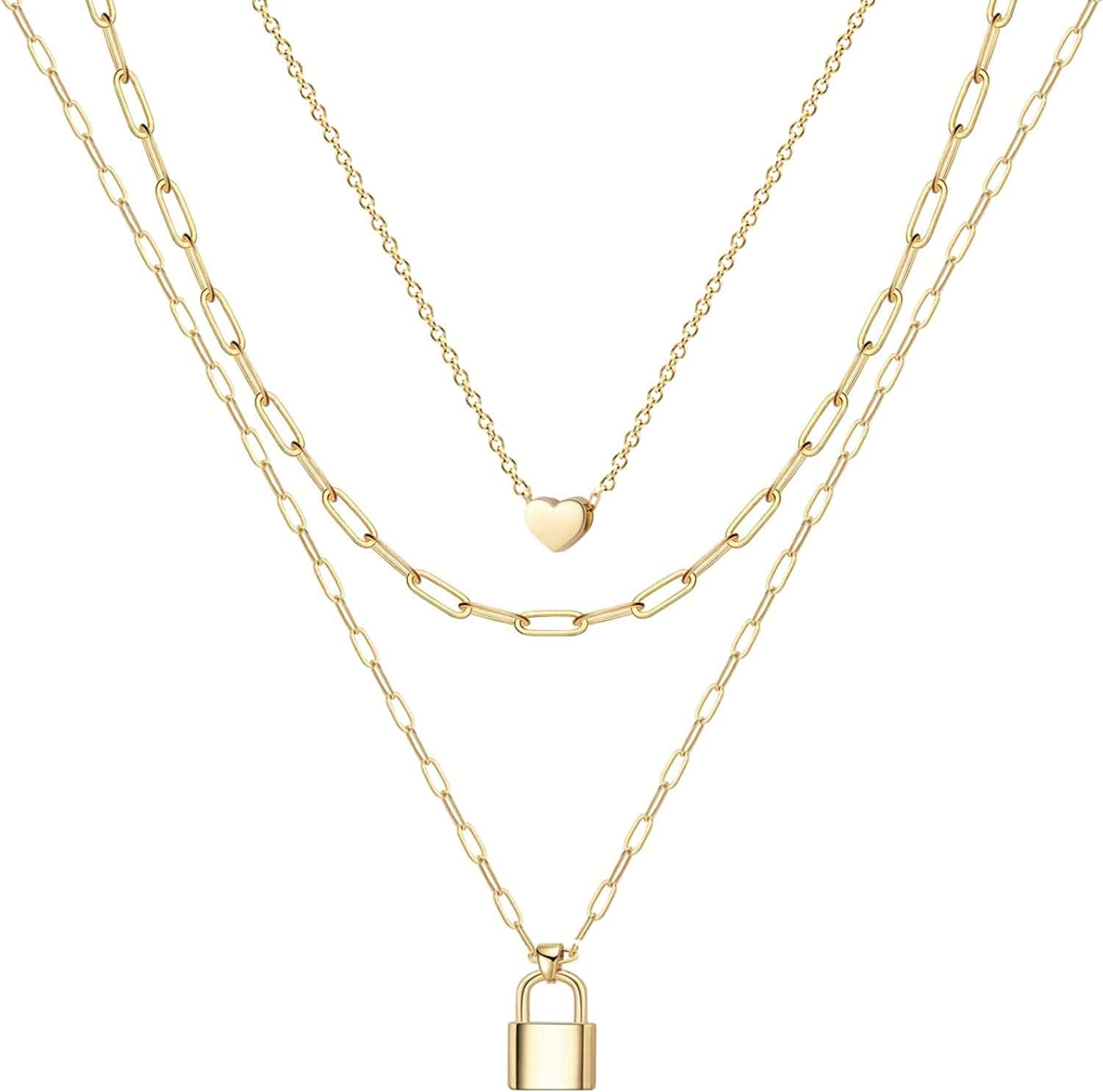 Ava Riley Layered Necklace Dainty Disc Chokers Necklace 14K Real Gold Plated Layering Necklaces Jewelry for Women 14K Gold plated / D 3 Piece Set - Paperclip Chain+Heart Choker+Lock