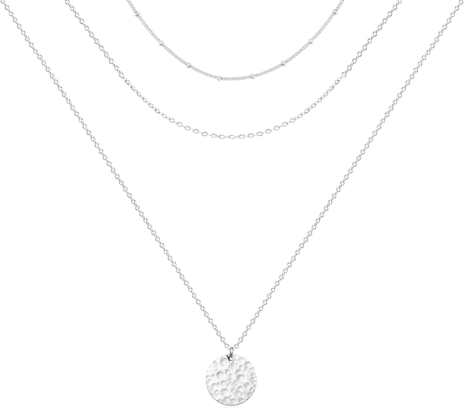 Ava Riley Layered Necklace Dainty Disc Chokers Necklace 14K Real Gold Plated Layering Necklaces Jewelry for Women Silver plated / F 3 Piece Set - Beaded Chain+Chain+Hammered Disc