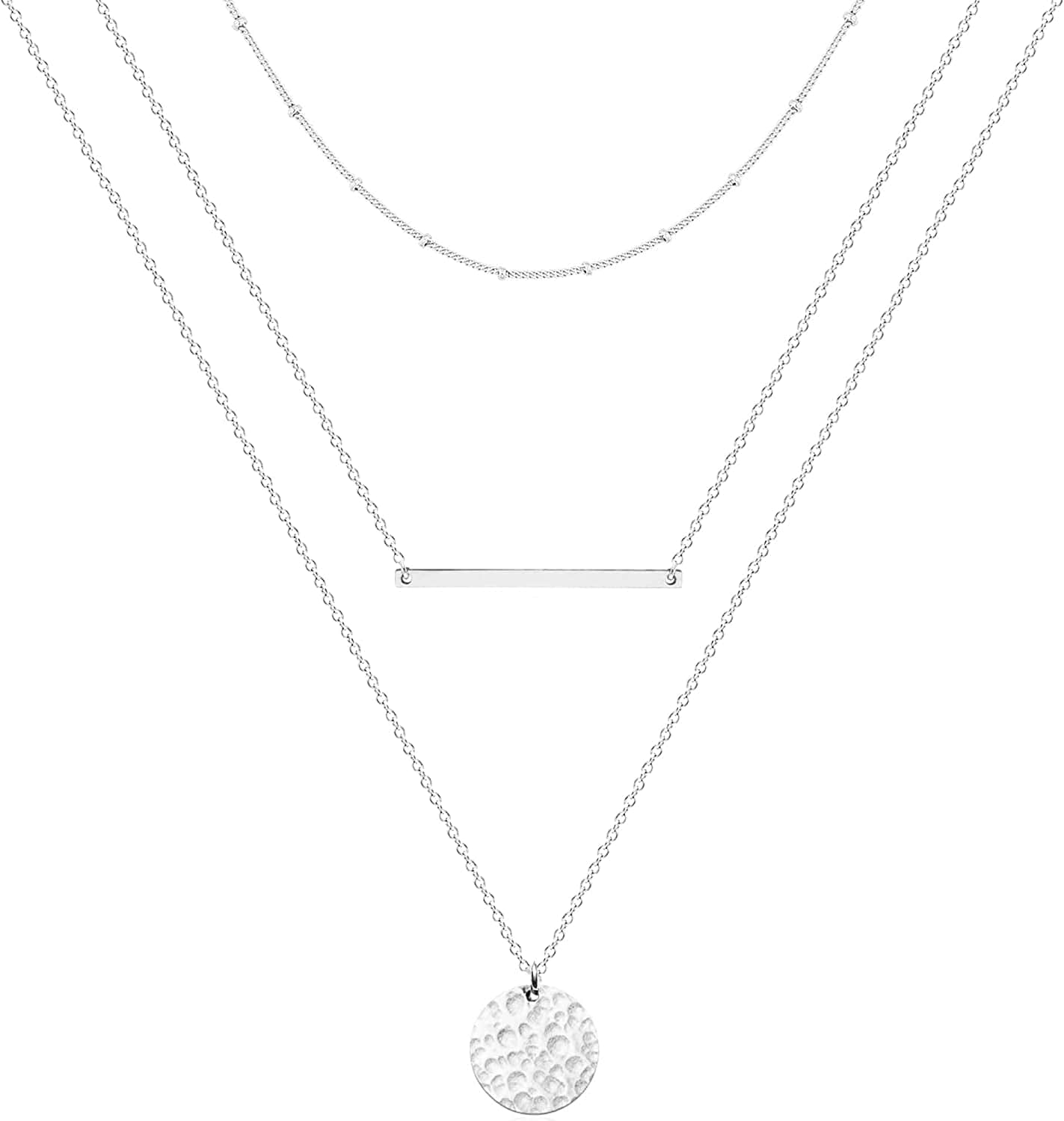 Ava Riley Layered Necklace Dainty Disc Chokers Necklace 14K Real Gold Plated Layering Necklaces Jewelry for Women Silver plated / B 3 Piece Set - Beaded Chain+Bar+Hammered Disc