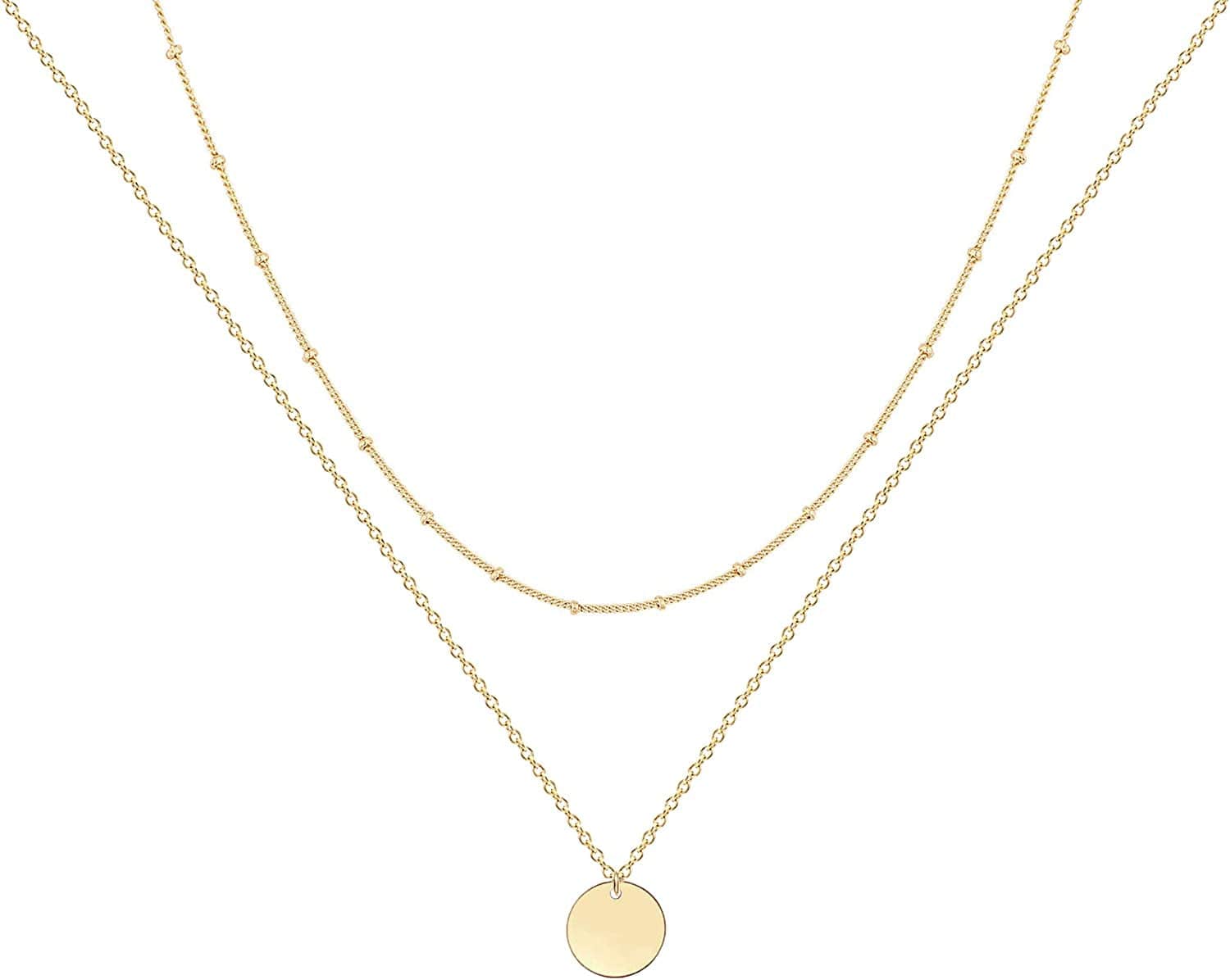 Ava Riley Layered Necklace Dainty Disc Chokers Necklace 14K Real Gold Plated Layering Necklaces Jewelry for Women 14K Gold plated / E 2 Piece Set - Beaded Chain + Disc
