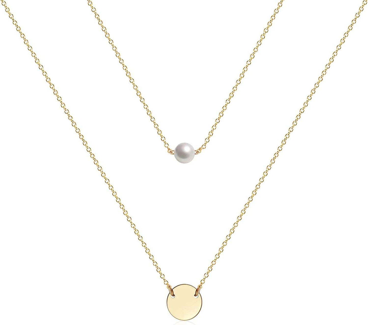 Ava Riley Layered Necklace Dainty Disc Chokers Necklace 14K Real Gold Plated Layering Necklaces Jewelry for Women 14K Gold plated / K 2 Piece Set - Pearl + Disc Pendant
