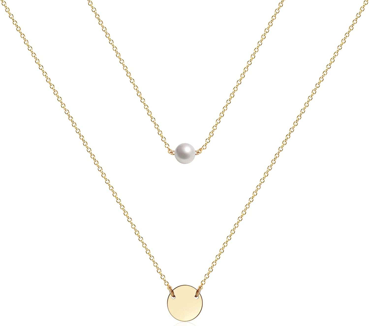 Ava Riley Layered Necklace Dainty Disc Chokers Necklace 14K Real Gold Plated Layering Necklaces Jewelry for Women 14K Gold plated / K 2 Piece Set - Pearl + Disc Pendant