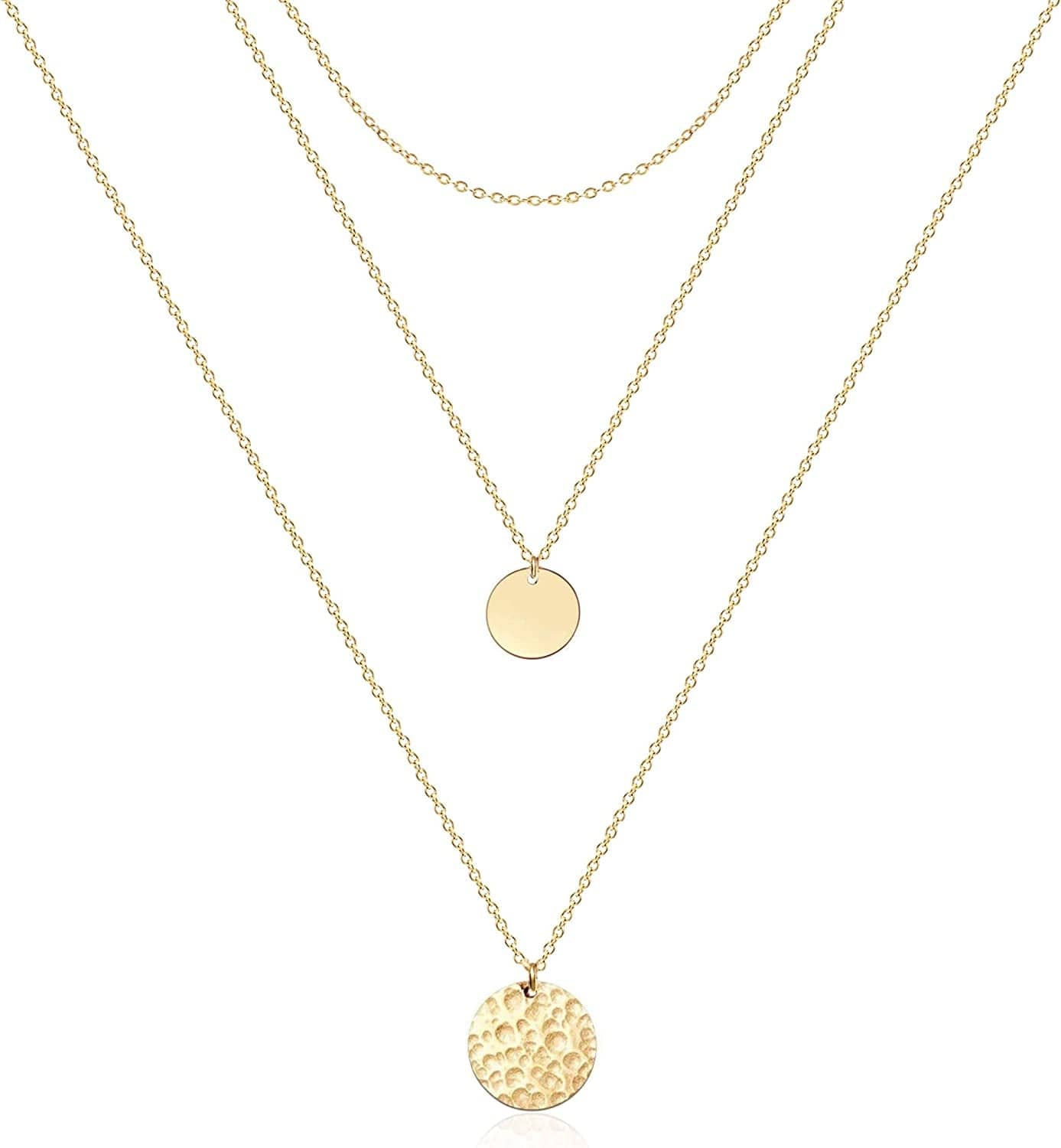 Ava Riley Layered Necklace Dainty Disc Chokers Necklace 14K Real Gold Plated Layering Necklaces Jewelry for Women 14K Gold plated / A 3 Piece Set - Chain+Disc+Hammered Disc
