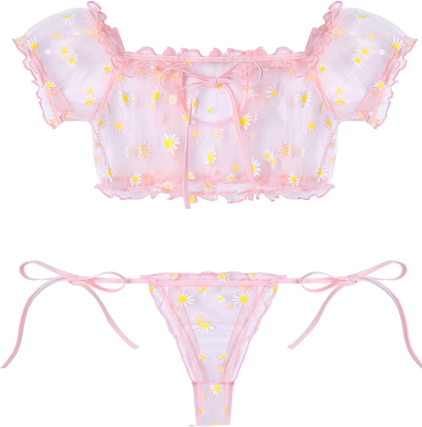 Avidlove Bra and Panty Set Ruffle Lingerie Set Mesh Babydoll Chemise Pink Daisy / Large