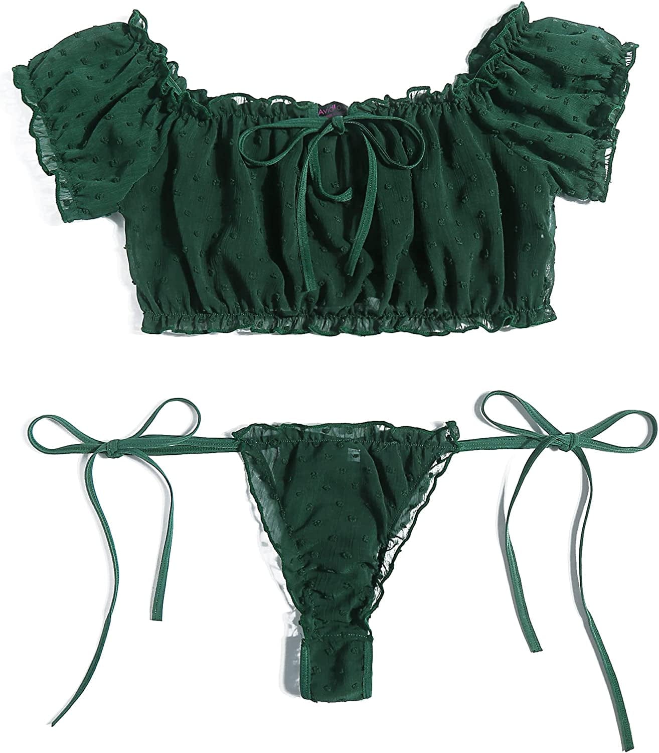 Avidlove Bra and Panty Set Ruffle Lingerie Set Mesh Babydoll Chemise Dark Green / Small