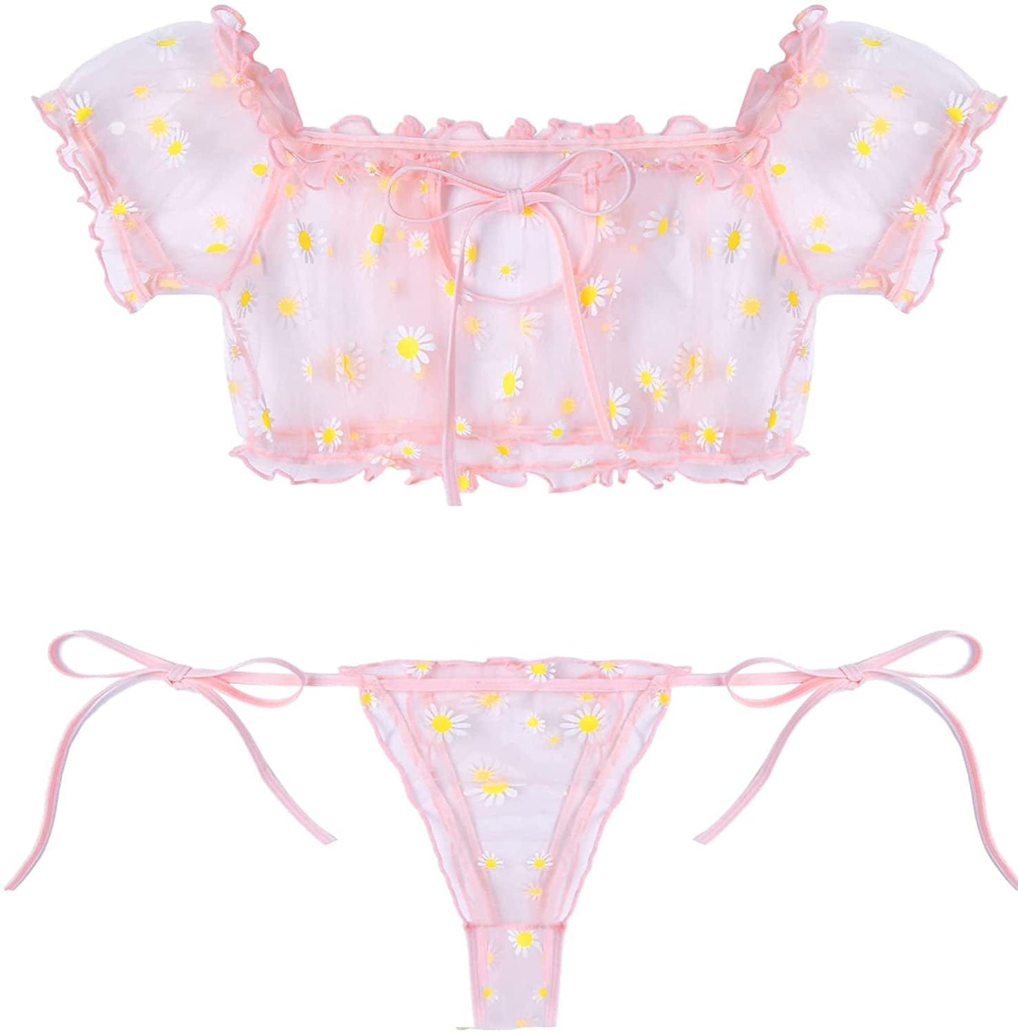 Avidlove Bra and Panty Set Ruffle Lingerie Set Mesh Babydoll Chemise Pink Daisy / Small