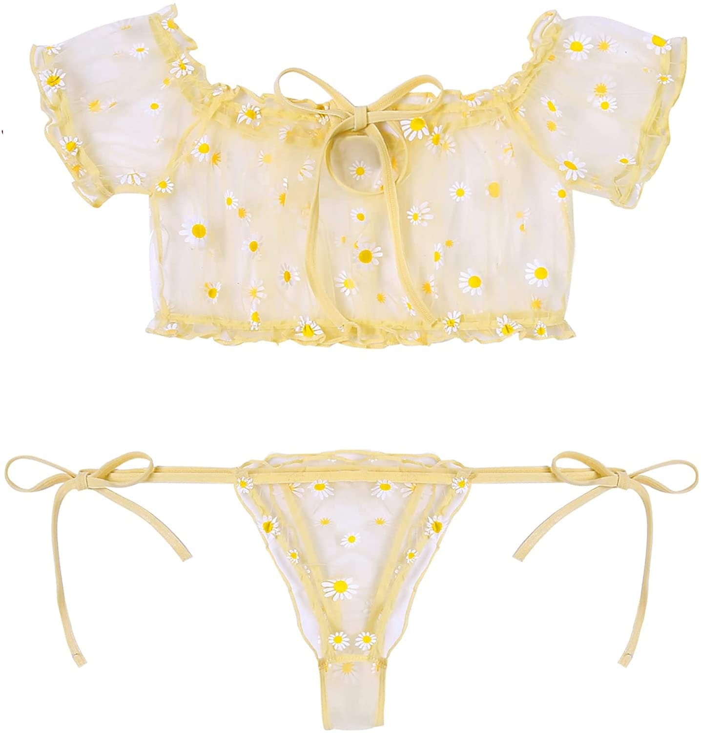 Avidlove Bra and Panty Set Ruffle Lingerie Set Mesh Babydoll Chemise Yellow Daisy / Medium