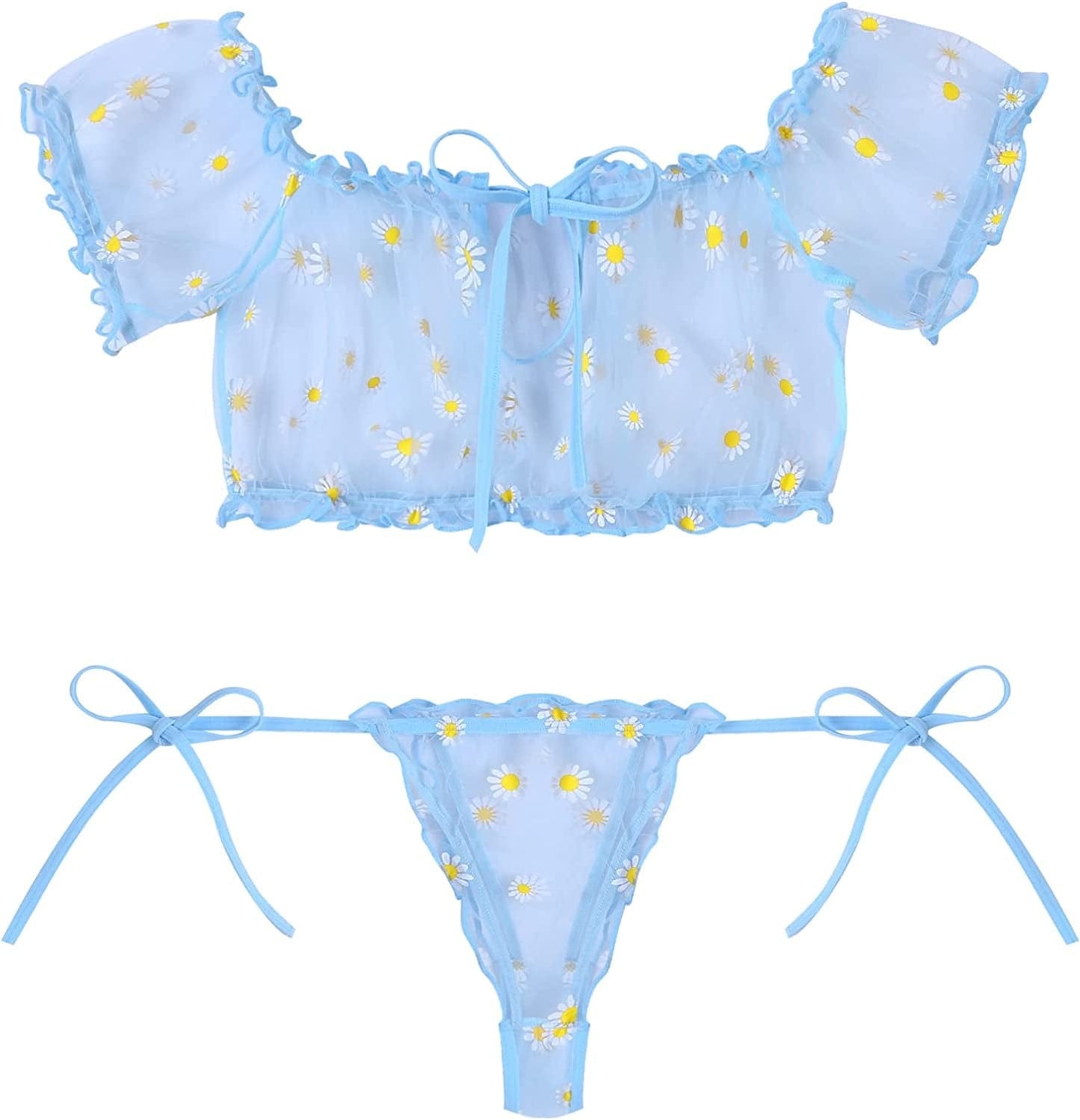 Avidlove Bra and Panty Set Ruffle Lingerie Set Mesh Babydoll Chemise Blue Daisy / X-Large