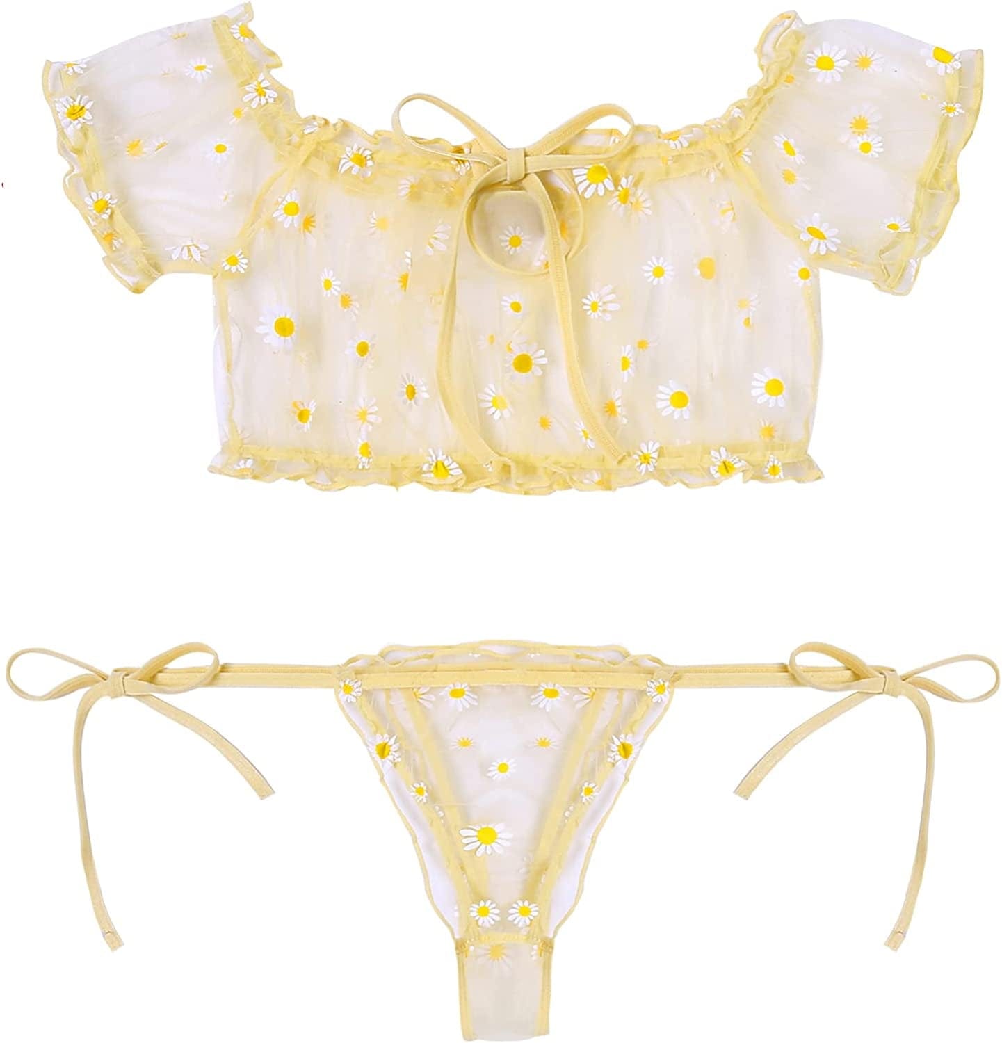 Avidlove Bra and Panty Set Ruffle Lingerie Set Mesh Babydoll Chemise Yellow Daisy / XX-Large