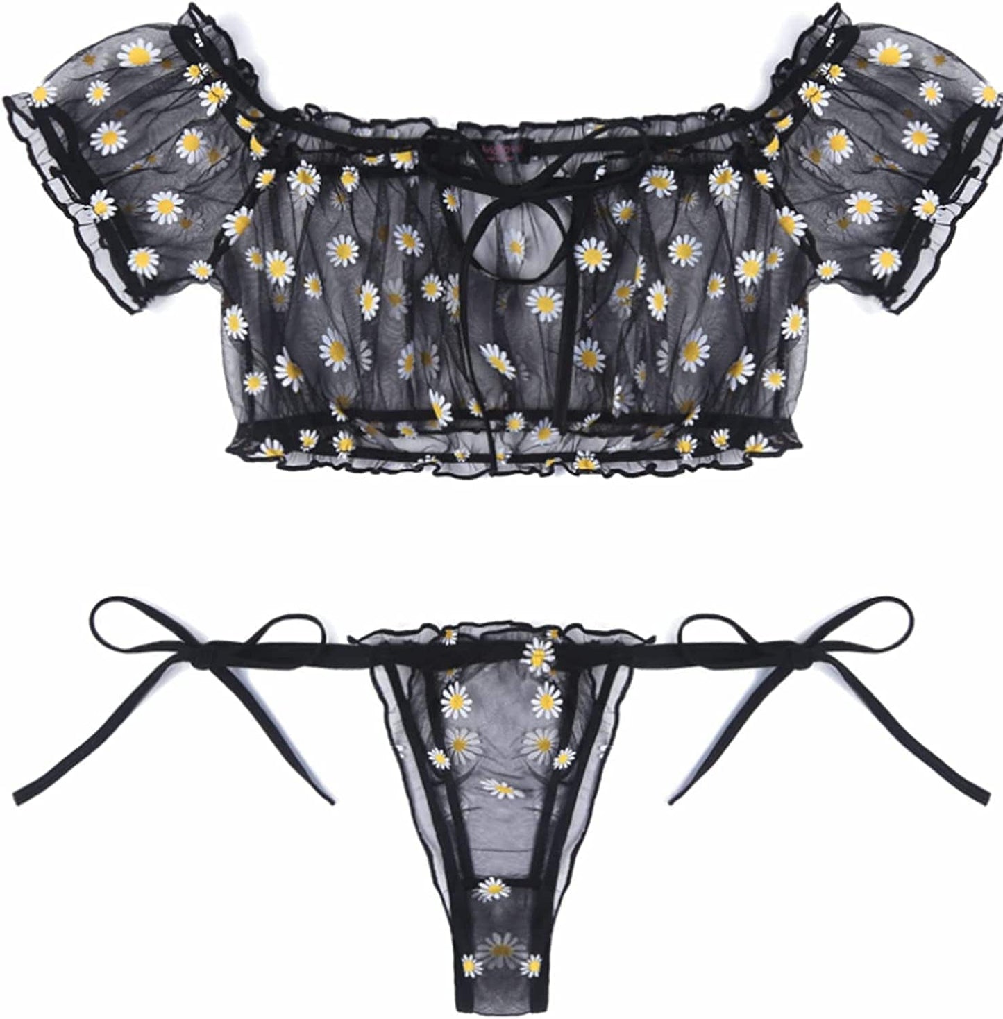 Avidlove Bra and Panty Set Ruffle Lingerie Set Mesh Babydoll Chemise Black Daisy / X-Large