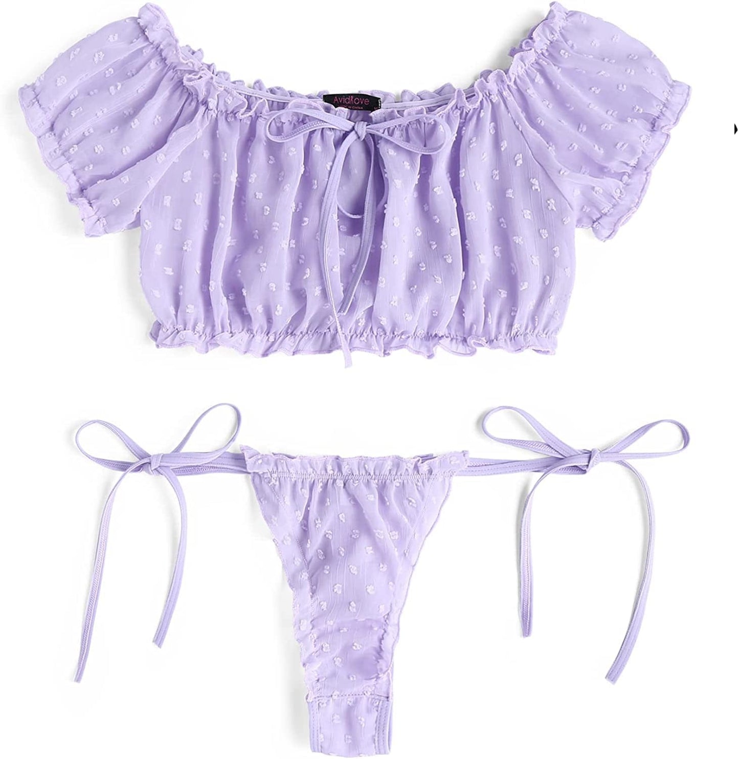Avidlove Bra and Panty Set Ruffle Lingerie Set Mesh Babydoll Chemise Lavender / X-Small