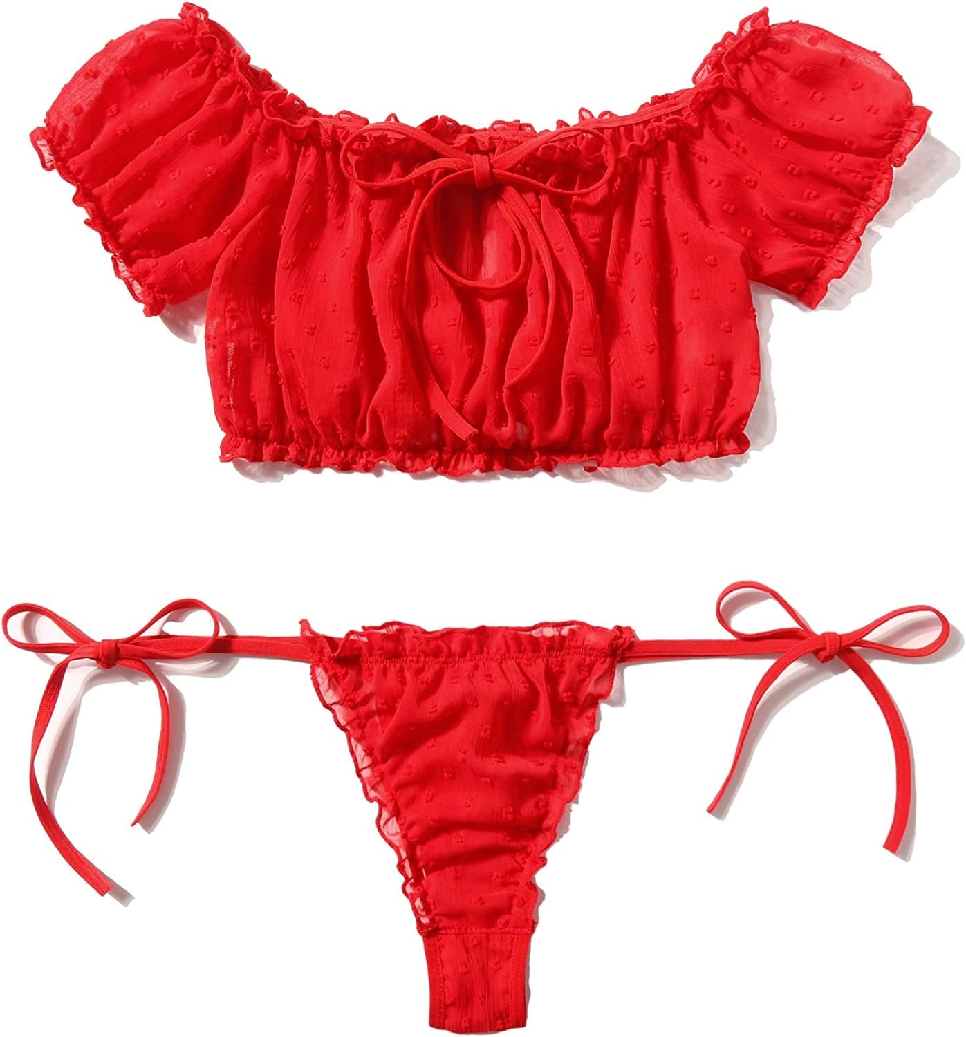 Avidlove Bra and Panty Set Ruffle Lingerie Set Mesh Babydoll Chemise Red / X-Large