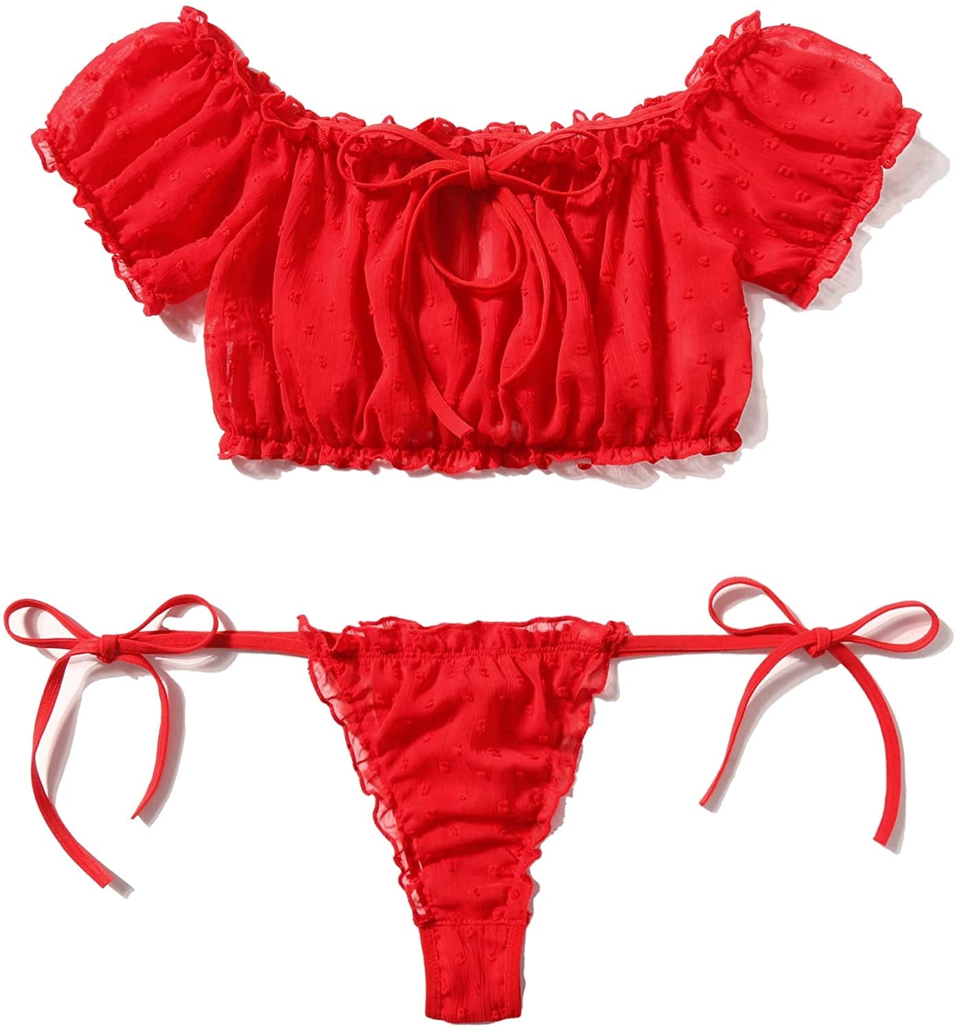 Avidlove Bra and Panty Set Ruffle Lingerie Set Mesh Babydoll Chemise Red / Small