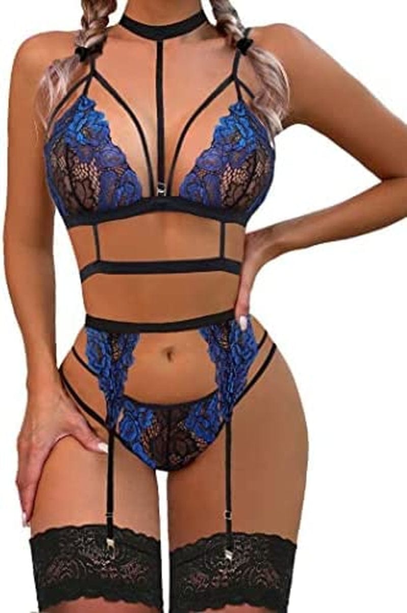 Avidlove Lace Garter Lingerie Set with Removable Choker Teddy Babydoll Strappy Bra and Panty Set (No Stockings) Black&blue / Medium