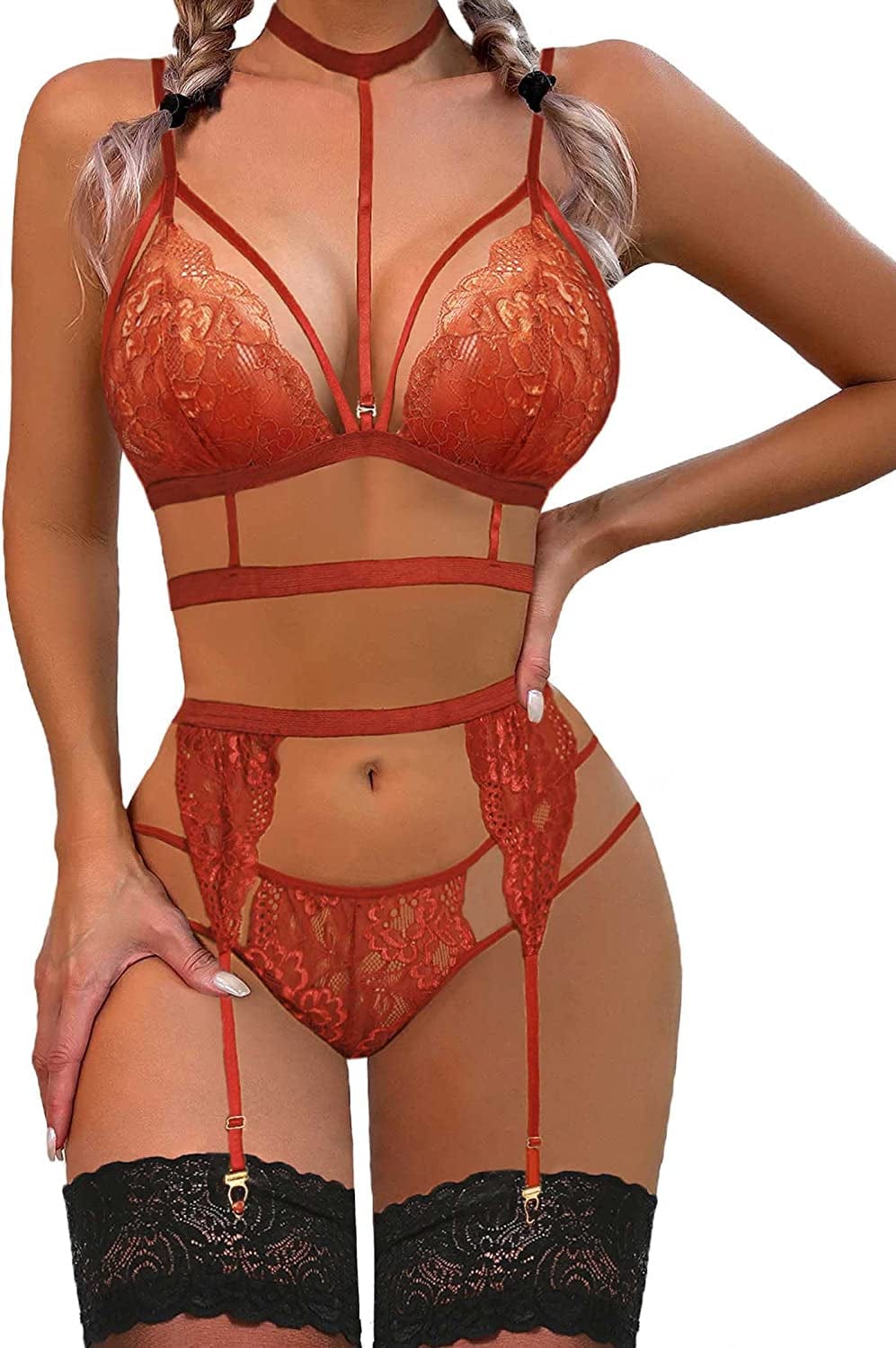 Avidlove Lace Garter Lingerie Set with Removable Choker Teddy Babydoll Strappy Bra and Panty Set (No Stockings) Brown Orange / Small