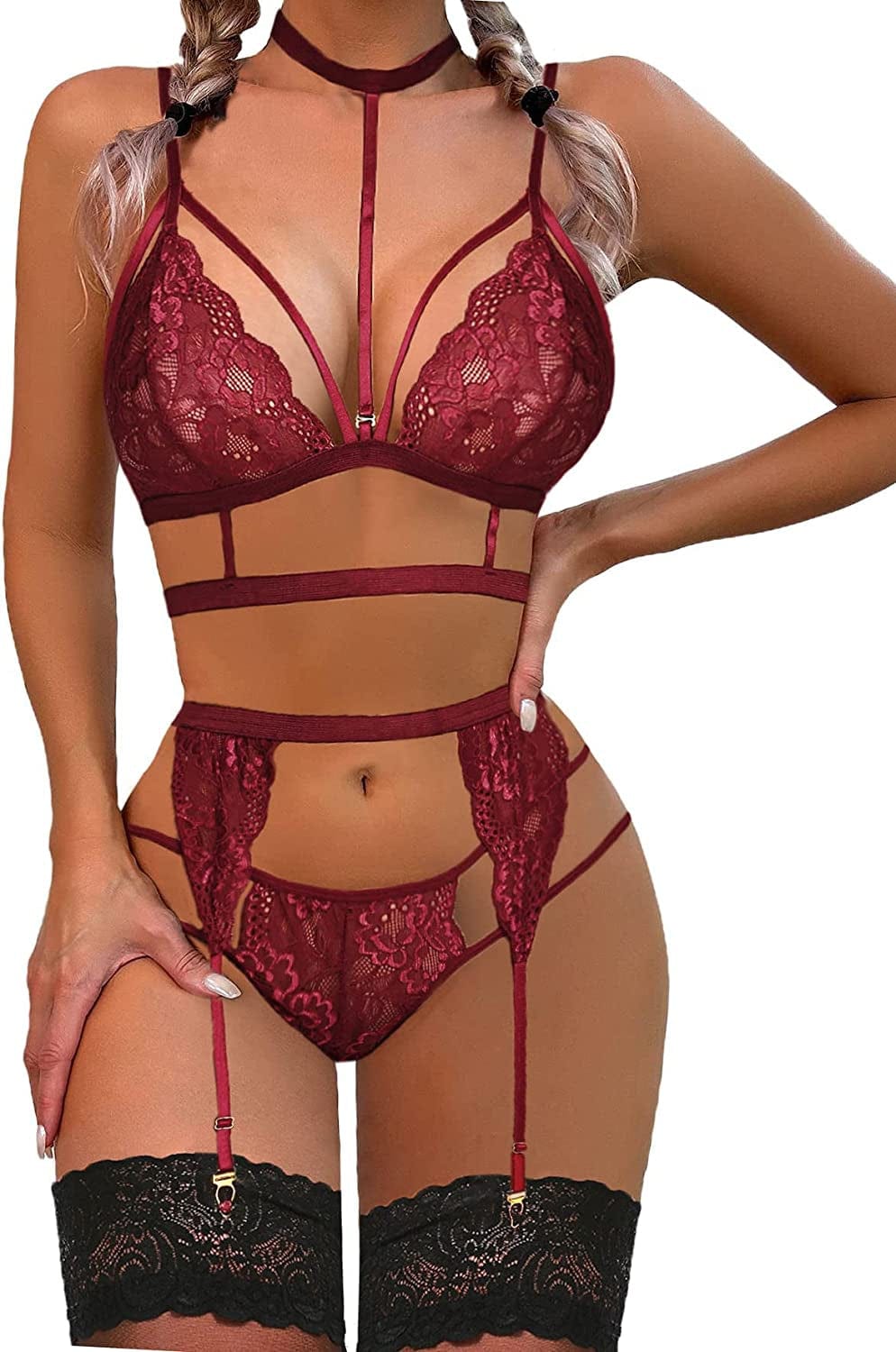 Avidlove Lace Garter Lingerie Set with Removable Choker Teddy Babydoll Strappy Bra and Panty Set (No Stockings) Cherry Red / X-Small