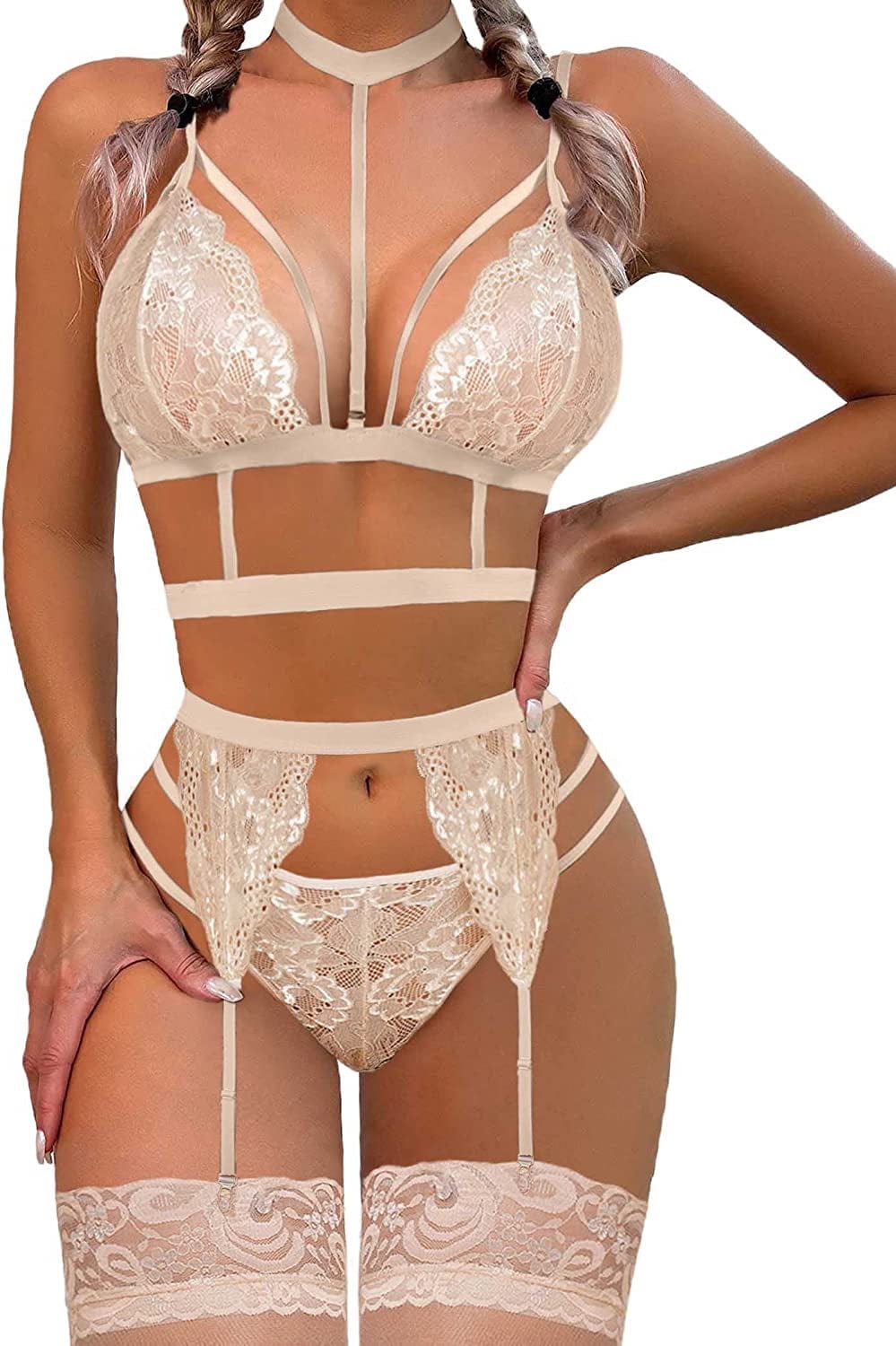 Avidlove Lace Garter Lingerie Set with Removable Choker Teddy Babydoll Strappy Bra and Panty Set (No Stockings) Light Khaki / Small