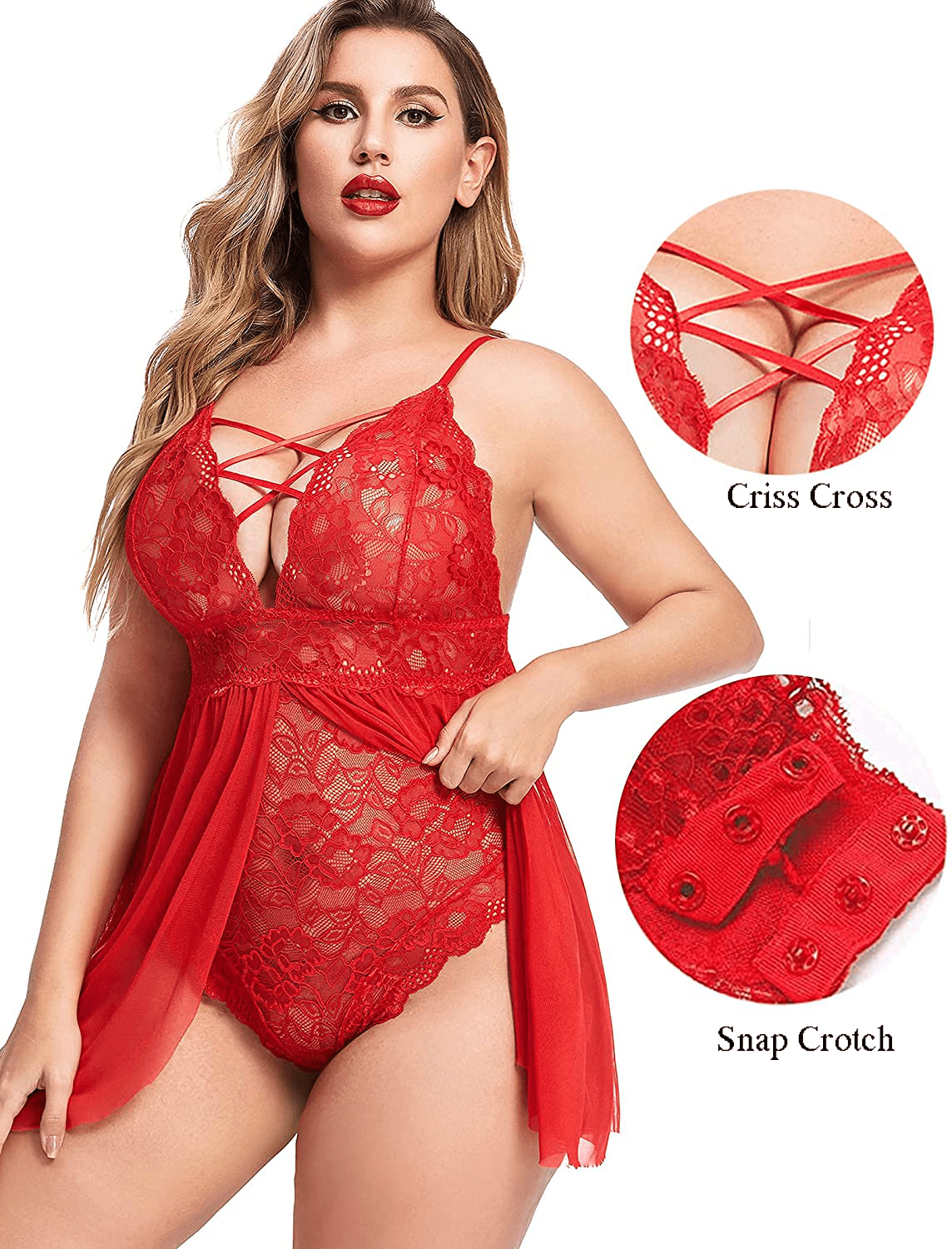 Avidlove plus Size Babydoll Womens Snap Crotch Lingerie V Neck Lace Nighty Mesh Sleepwear L-5XL Apparel & Accessories > Clothing > Underwear & Socks > Lingerie Kylie Max