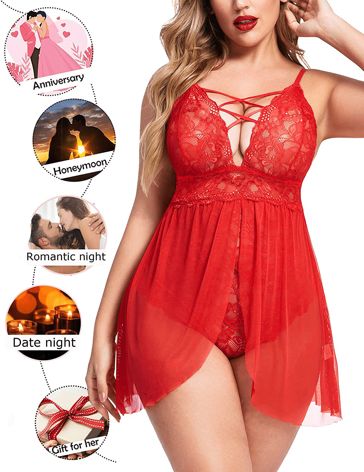 Avidlove plus Size Babydoll Womens Snap Crotch Lingerie V Neck Lace Nighty Mesh Sleepwear L-5XL Apparel & Accessories > Clothing > Underwear & Socks > Lingerie Kylie Max