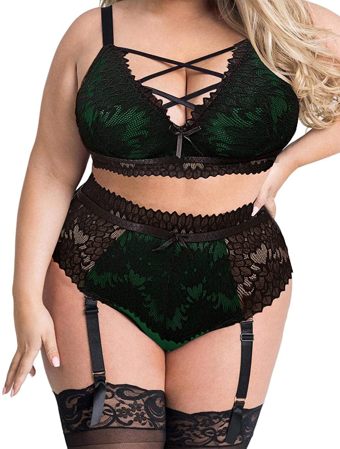 Avidlove plus Size Lingerie for Women Sexy Mesh Bra and Panty Set with Garter Straps L-5XL Dark Green / 4X-Large