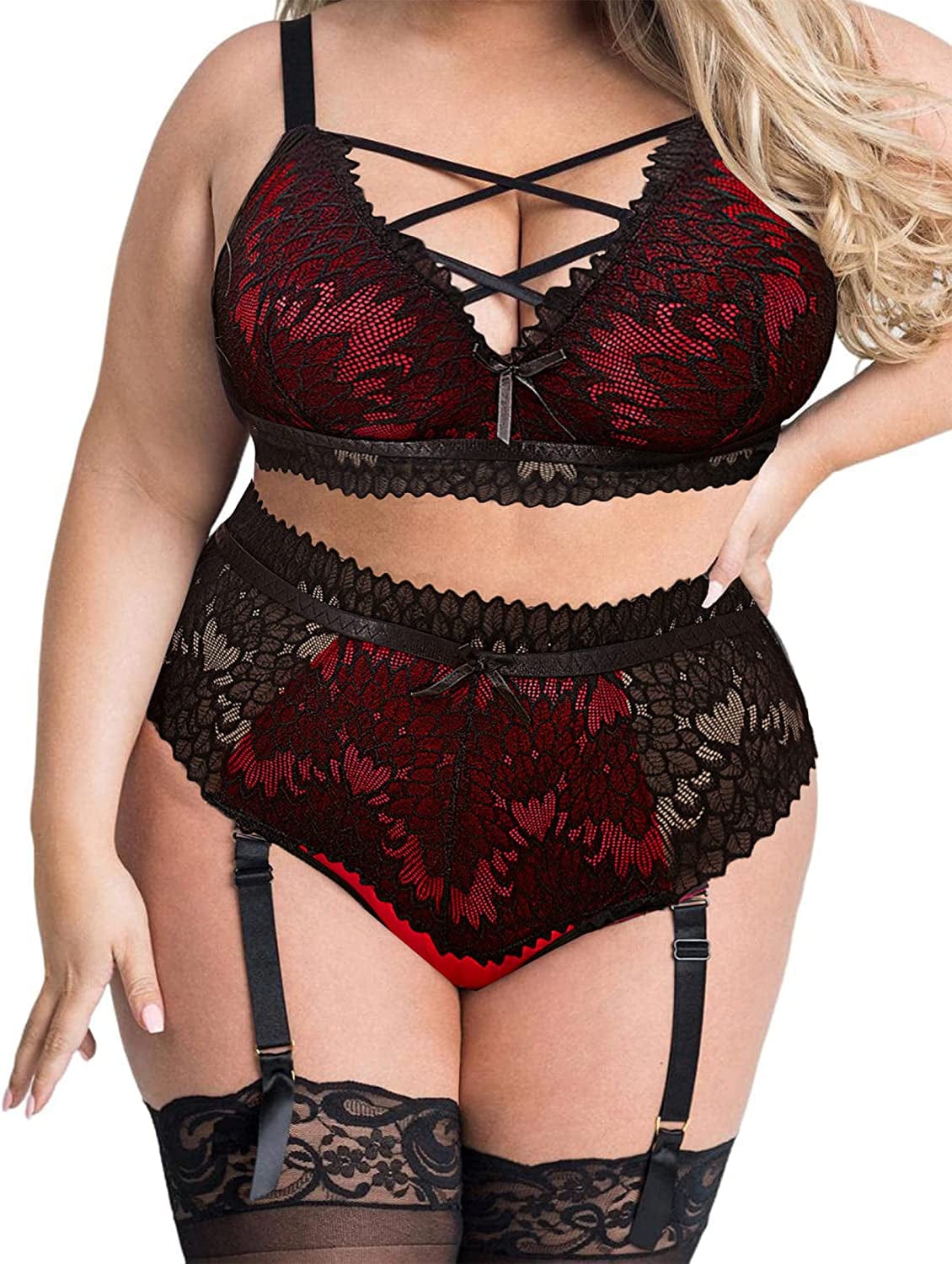 Avidlove plus Size Lingerie for Women Sexy Mesh Bra and Panty Set with Garter Straps L-5XL Red / 4X-Large