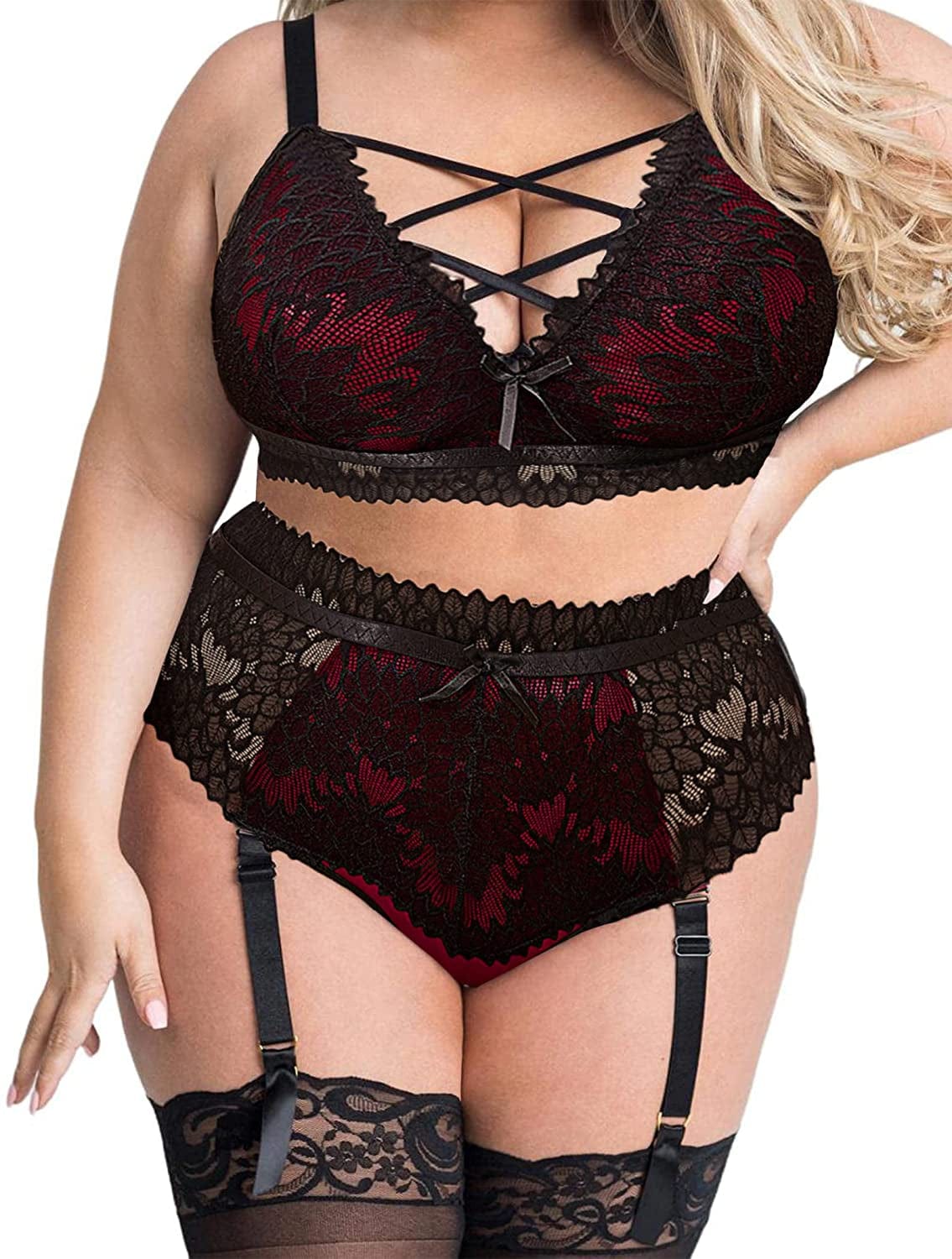 Avidlove plus Size Lingerie for Women Sexy Mesh Bra and Panty Set with Garter Straps L-5XL Wine Red / 3X-Large