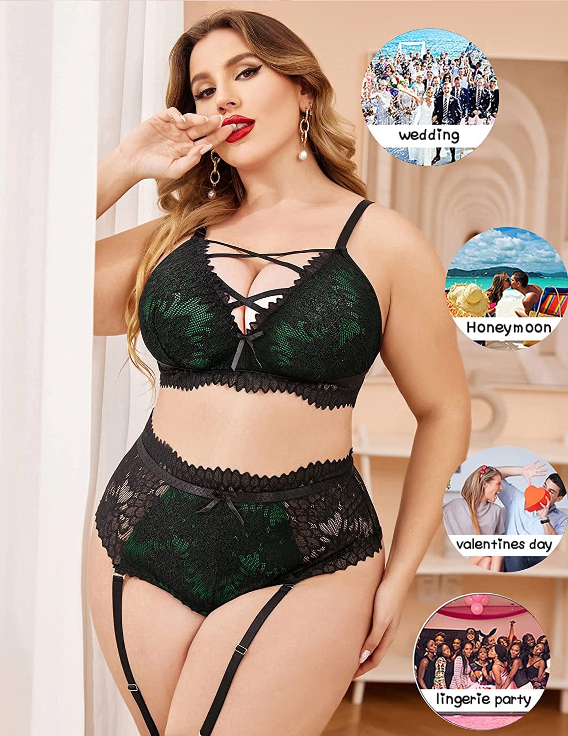 Avidlove plus Size Lingerie for Women Sexy Mesh Bra and Panty Set with Garter Straps L-5XL