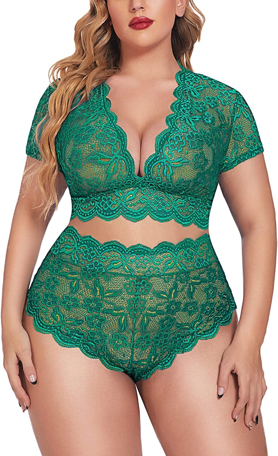 Avidlove plus Size Lingerie plus Floral Lace Scallop Trim Lingerie Set Deep V Allover Lace Bra Panties Set Sexy Clubwear Green / 14 Plus