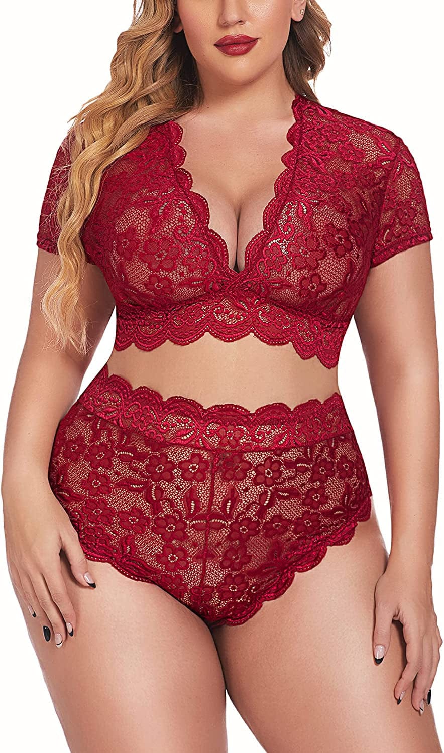 Avidlove plus Size Lingerie plus Floral Lace Scallop Trim Lingerie Set Deep V Allover Lace Bra Panties Set Sexy Clubwear 1 Wine Red / 16 Plus