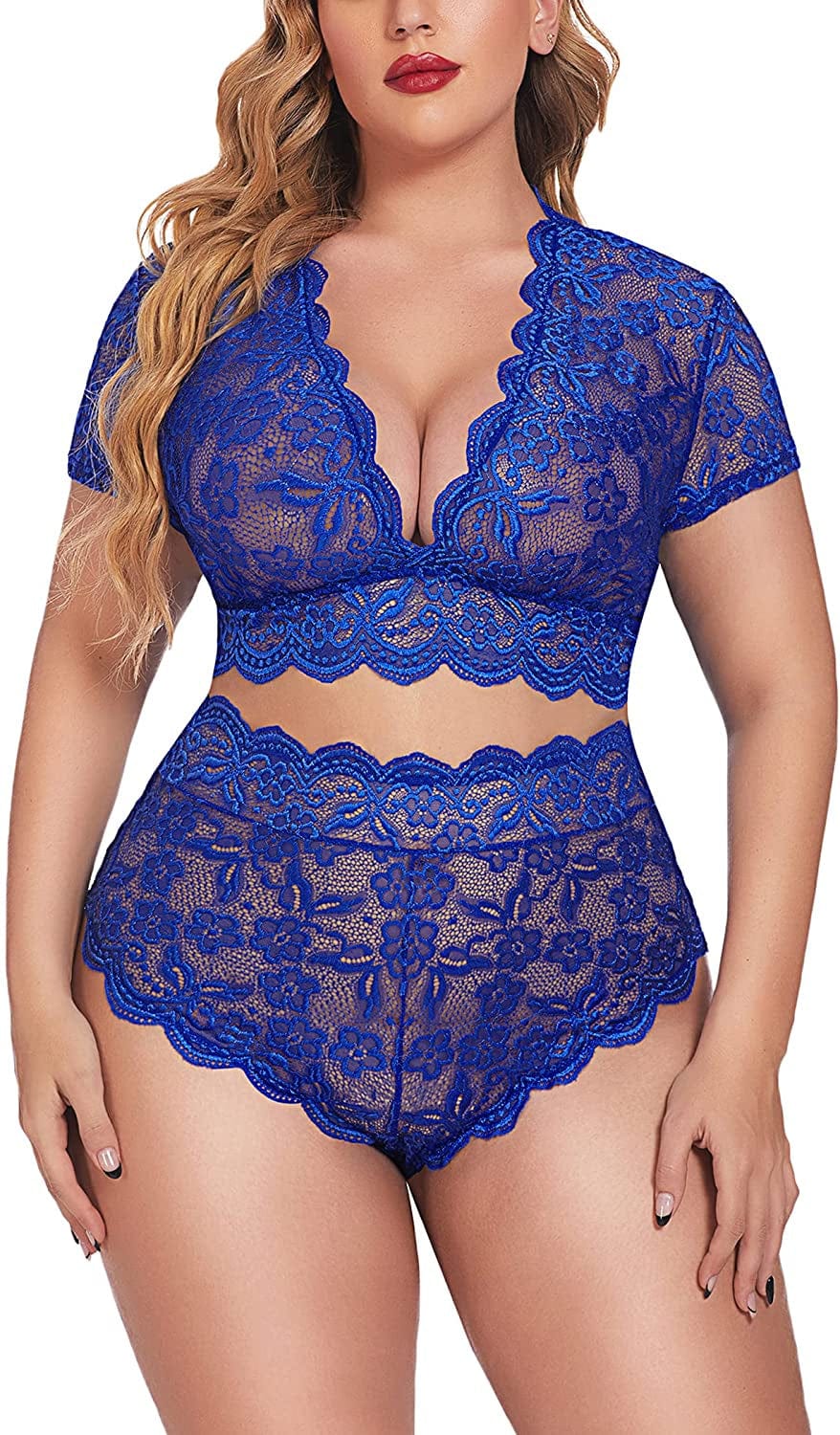 Avidlove plus Size Lingerie plus Floral Lace Scallop Trim Lingerie Set Deep V Allover Lace Bra Panties Set Sexy Clubwear Sky Blue / 22 Plus