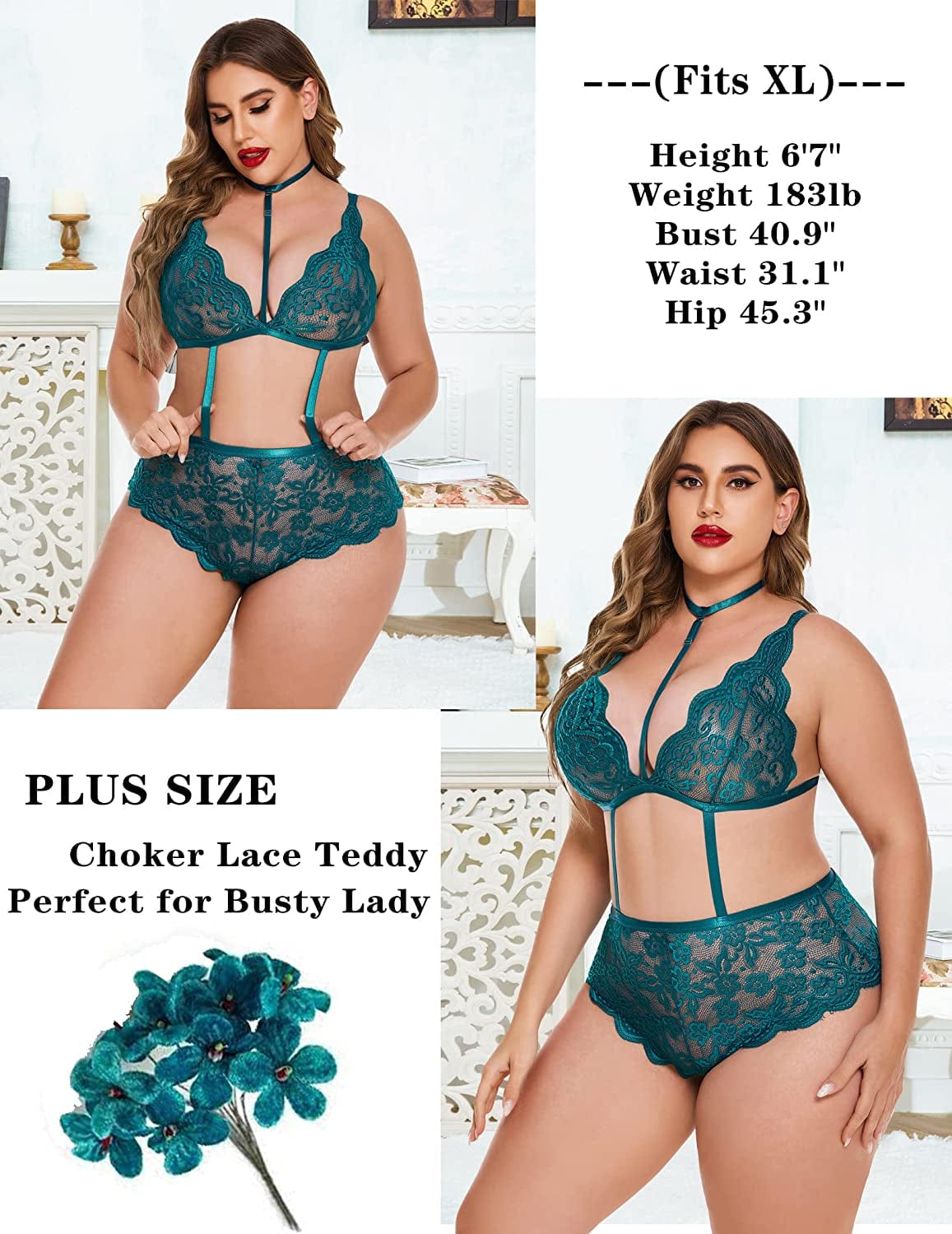 Avidlove Sexy plus Size Lingerie for Women One Piece Lace Bodysuit Teddy Lingerie Strappy Bra Panty with Choker L-4XL