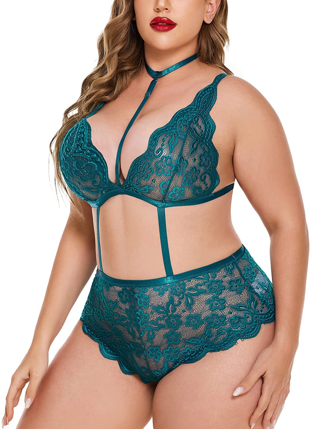 Avidlove Sexy plus Size Lingerie for Women One Piece Lace Bodysuit Teddy Lingerie Strappy Bra Panty with Choker L-4XL