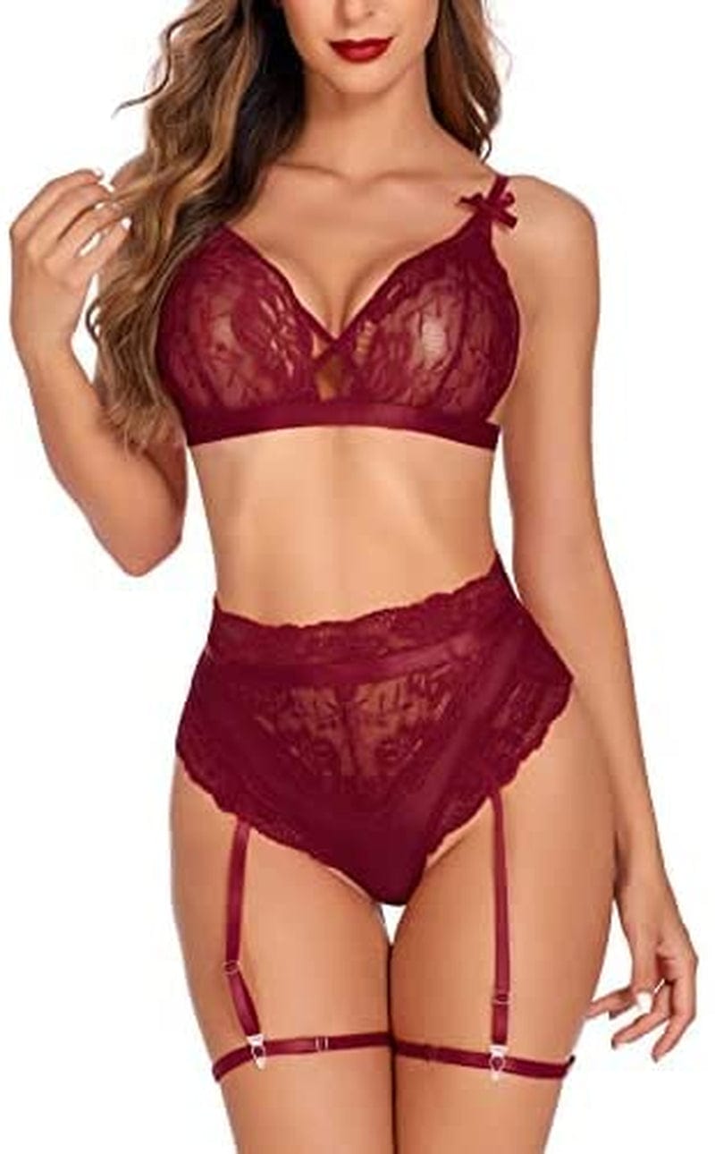 Avidlove Women Lingerie Set with Garter Belts Lace Lingerie High Waist Lingerie Sexy Bra and Panty Set Dark Red / Small