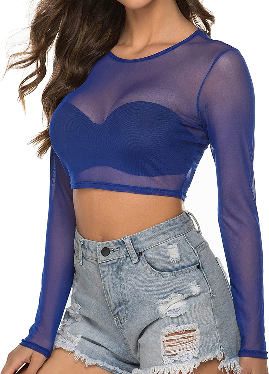 Avidlove Women Mesh Crop Top Long Sleeve See through Shirt Sheer Blouse O Neck Clubwear S-4XL Long Sleeve-blue / 4X-Large