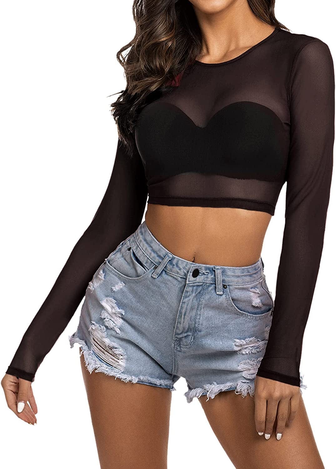 Avidlove Women Mesh Crop Top Long Sleeve See through Shirt Sheer Blouse O Neck Clubwear S-4XL Long Sleeve-black / XX-Large