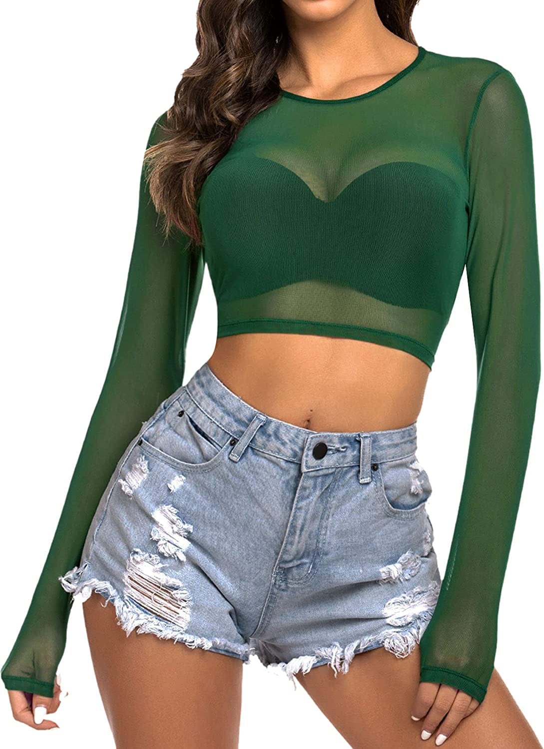 Avidlove Women Mesh Crop Top Long Sleeve See through Shirt Sheer Blouse O Neck Clubwear S-4XL Long Sleeve-dark Green / XX-Large