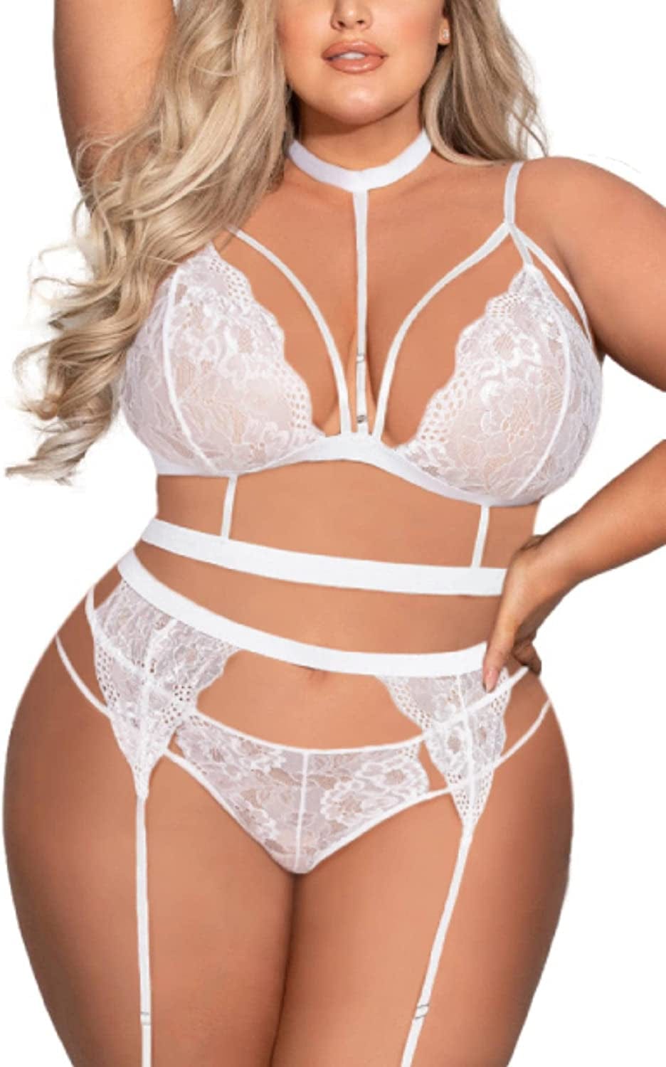 Avidlove Women'S Sexy Garter Lingerie Set with Choker Strappy Bra and Panty Set Teddy Babydoll Bodysuit (No Stockings) White(plus Size) / 16 Plus