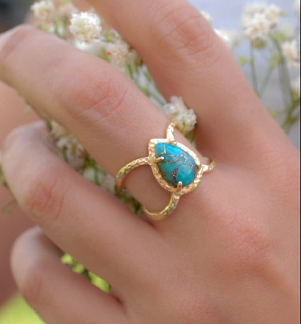 Awmnjtmgpw 18K Gold Inlaid Teardrop Pear Shaped Turquoise Ring Size 6-10 (Size 6)