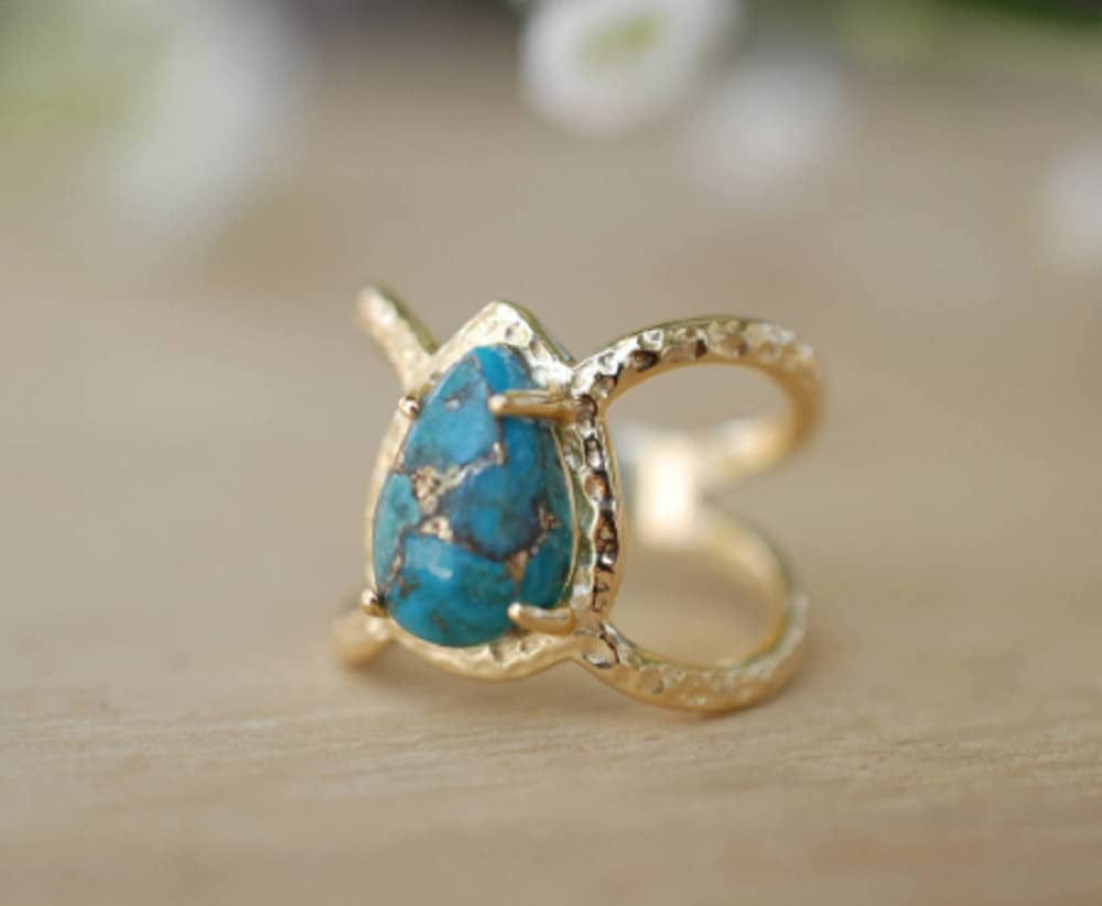 Awmnjtmgpw 18K Gold Inlaid Teardrop Pear Shaped Turquoise Ring Size 6-10 (Size 6)