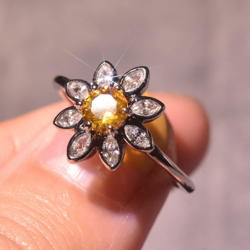 Awmnjtmgpw 925 Sterling Silver Sunflower Ring Yellow Topaz and Yellow Protein Diamond Ring Eternal Sunflower Flower Square Zircon Stackable Ring Women'S Ring Size6-10 (Size 6)
