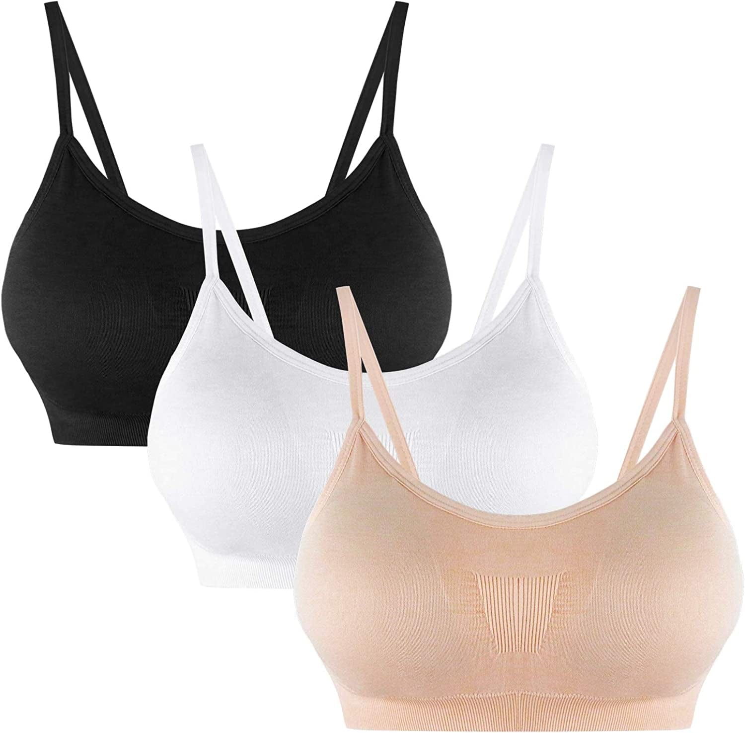 B.BANG Padded Bralettes for Women Seamless Strappy Sports Bra Comfortable Mini Yoga Camisole Bras Black+nude+white / X-Large